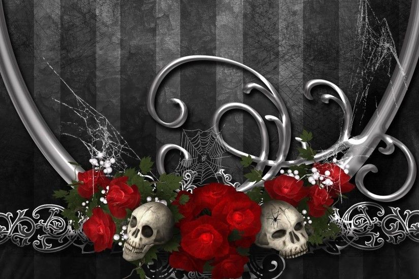 Dark - Gothic Red Flower Artistic Skull Rose Design Wallpaper
