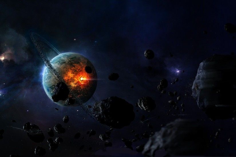 Planet Tag - Asteroid Impact Space Explosion Fire Blue Sky Purple Orange  Planet Black Univers Background