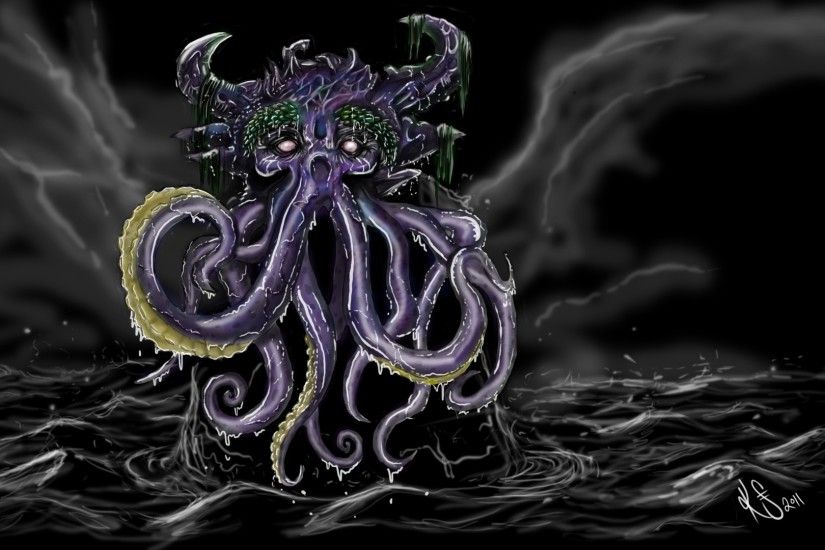 1 fantasy art dark monster creature octopus ocean sea storm sky clouds  waves cthulhu wallpaper |