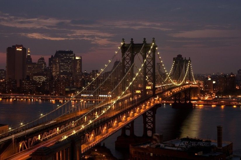 Man Made - Manhattan Bridge City Cityscape Night Light Waterway Wallpaper