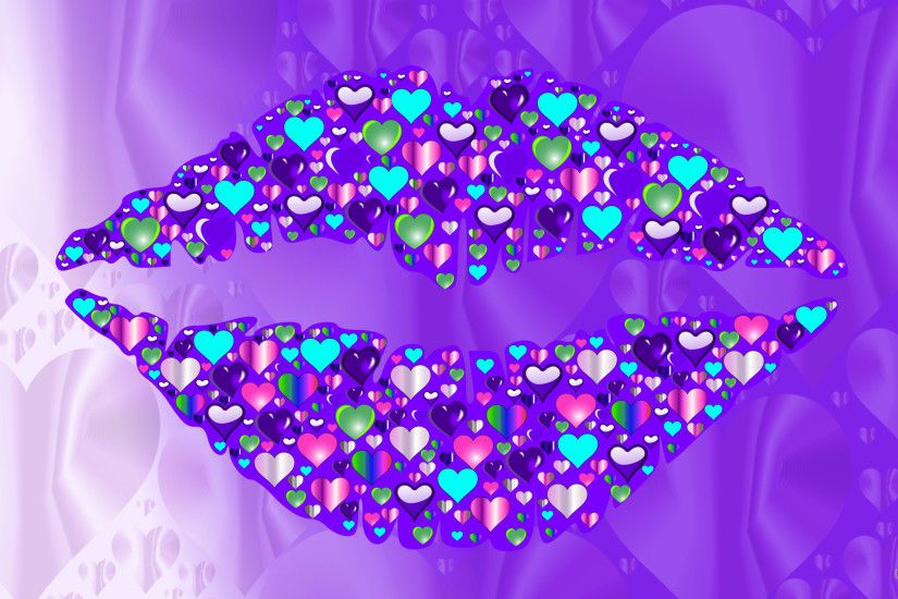 Purple wallpaper with lips and many hearts.