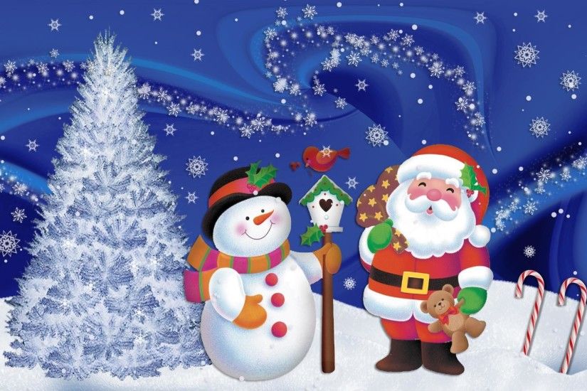 Santa Claus and Snowman Illustrated Wallpaper