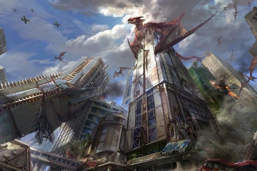 2048x1152 Wallpaper dragons, city, skyscrapers, destruction