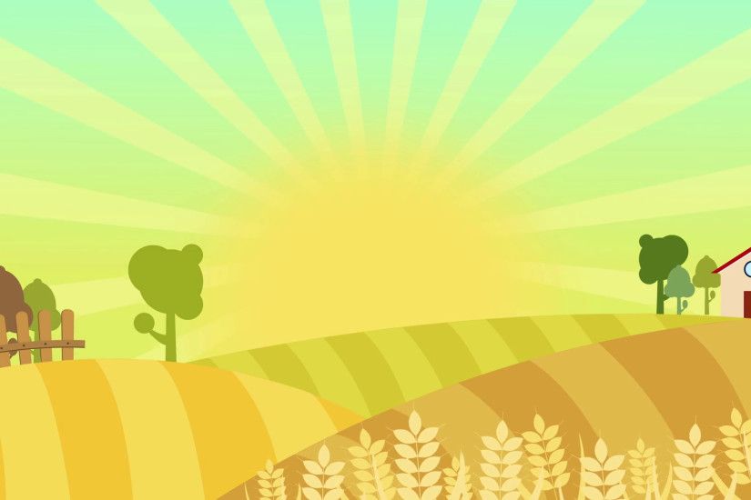 Nice cartoon animation of colorful farm Background seamless loop with space  for your text or logo. wheat filed over sunburst full hd and 4k.  illustration of ...