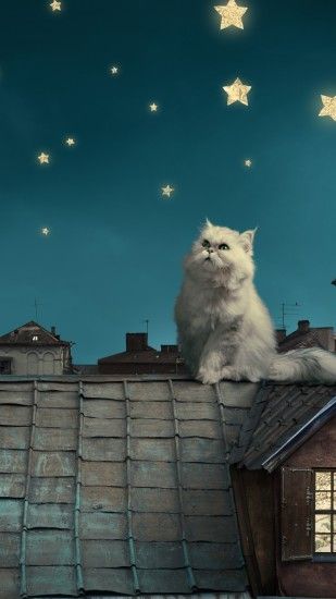 1080x1920 Wallpaper white persian cat, kitten, fairy tale, fantasy, roofs,  houses
