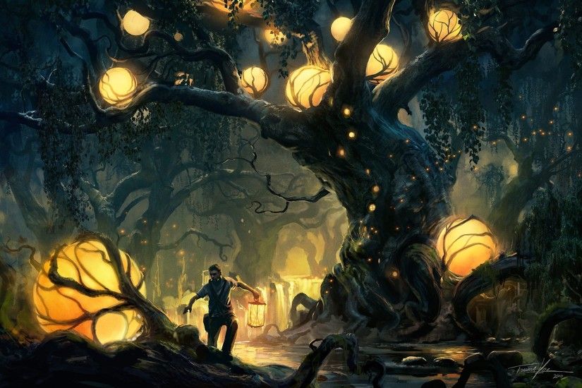 Trees lights forest fantasy art wallpaper