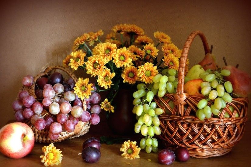 Still life, chrysanthemum, red and green grapes, apple, pears, fruits  wallpaper
