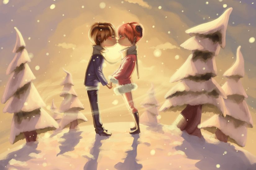 Winter Couple Romantic Kiss In Pine Forest Cartoon