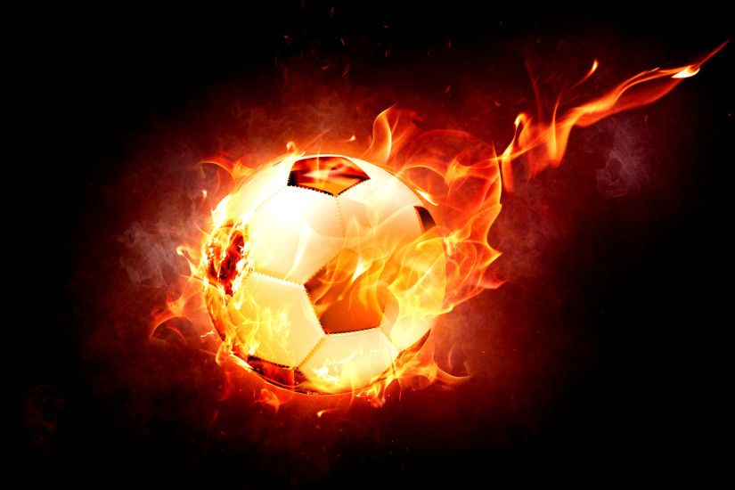 Dark desktop wallpaper with a football on fire. With huge flames.