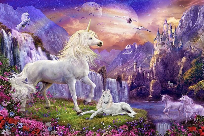 Fantasy - Unicorn Castle Waterfall Wallpaper