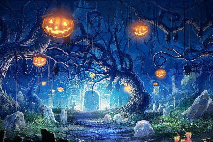 Preview wallpaper halloween, holiday, castle, gates, graves, bats, night,