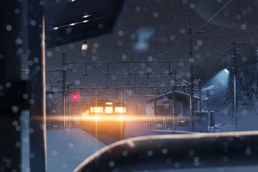 anime, 5 Centimeters Per Second, Winter, Snow, Train, Lights, Night, Bokeh  Wallpaper HD