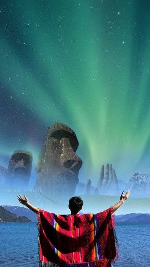 Easter Island Chilli South America Stone Head Figures Wallpaper iPhone /  Android - Collage Art by Vh.Eye Northern Lights Aurora Borealis