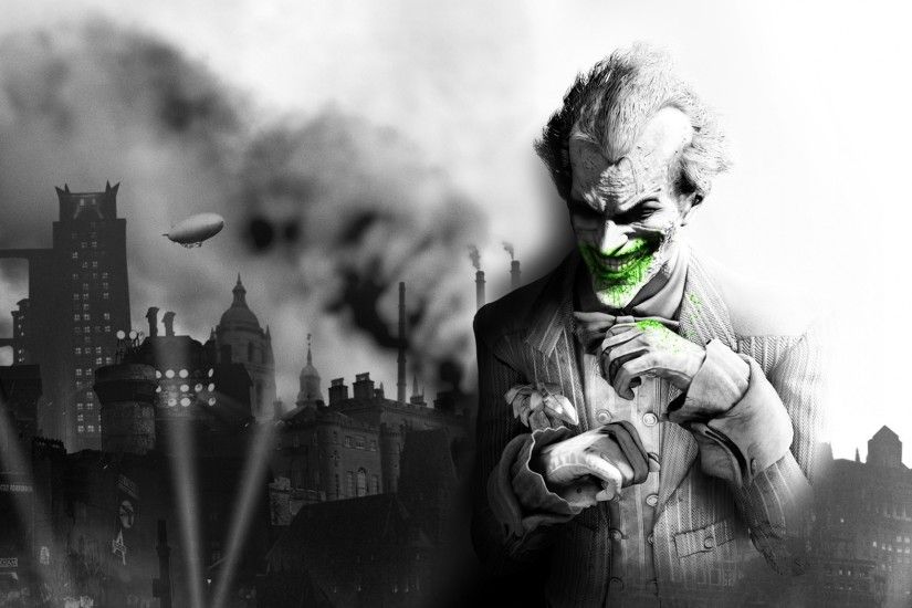 2560x1600 Wallpaper batman arkham city, the joker, smile, city, jacket,  black