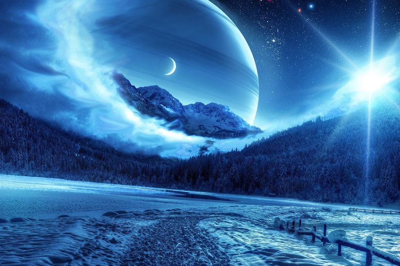 Preview wallpaper winter, night, mountains, road, planet, fantastic  landscape 1920x1080