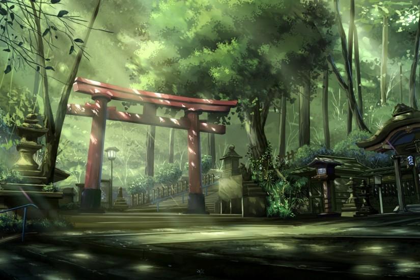 anime, Landscape, Torii, Sun Rays, Forest, Asian Architecture, Steps, Trees  Wallpaper HD