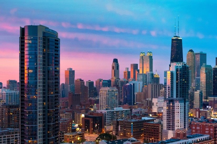 3840x2160 Wallpaper city, chicago, sunset, skyscrapers