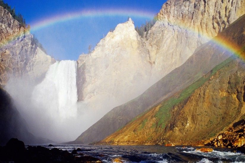 Mountain River Wyoming Rocks Yellowstone Park Waterfalls Rainbow Hd  Background - 1920x1080