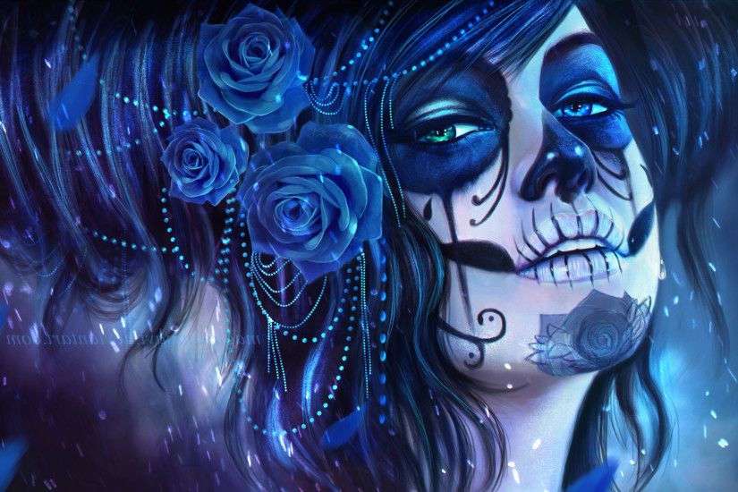 Sugar Skull, MagicnaAnavi, Rose, Artwork, Blue Flowers Wallpapers HD /  Desktop and Mobile Backgrounds