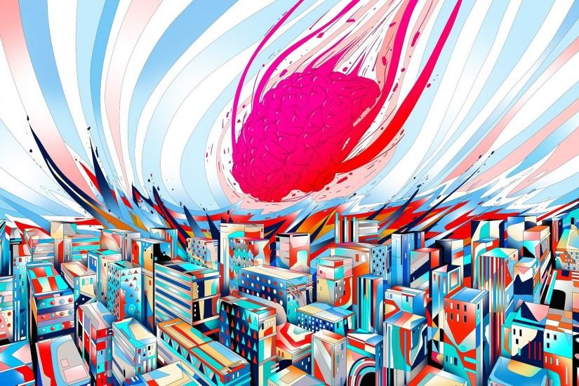 brain, Abstract, Artwork, Drawn, City, Colorful