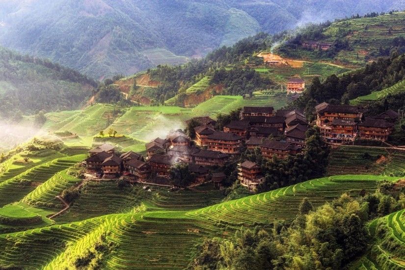 nature, Landscape, Trees, China, Asia, Rice Paddy, Morning, Mist, House,  Hill, Forest, Terraced Field, Village Wallpapers HD / Desktop and Mobile ...