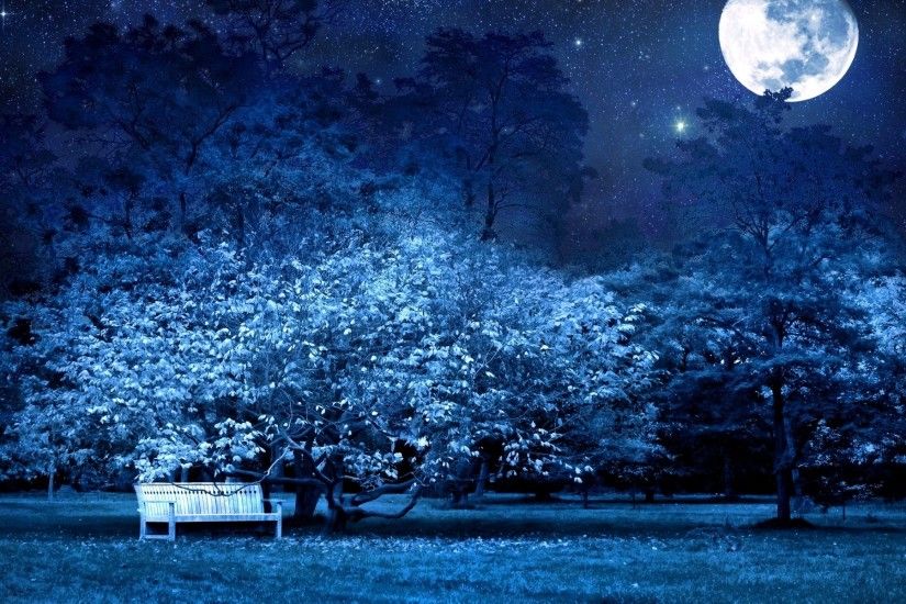 blue trees night moon - http://69hdwallpapers.com/blue-trees