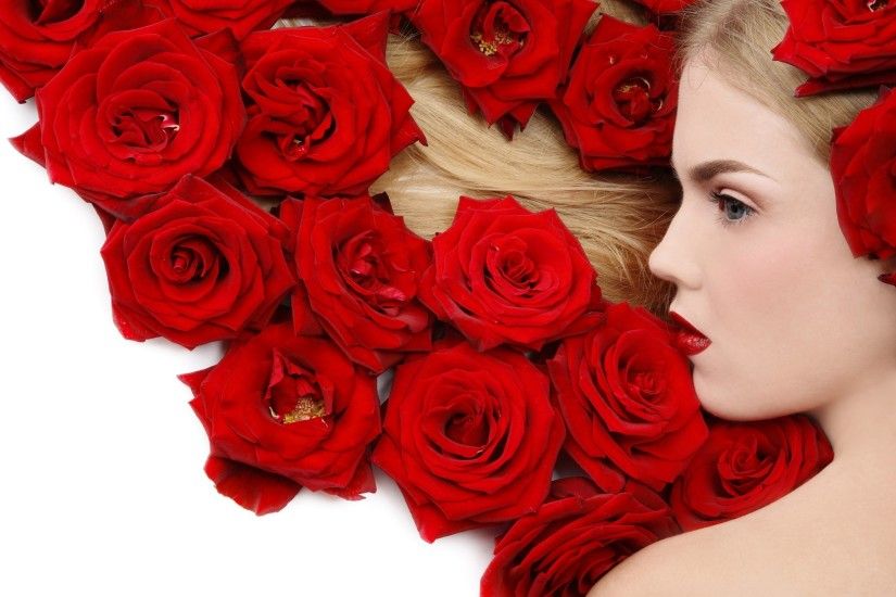 women model blonde face red lipstick blue eyes flowers rose profile white  background red flowers Wallpapers HD / Desktop and Mobile Backgrounds