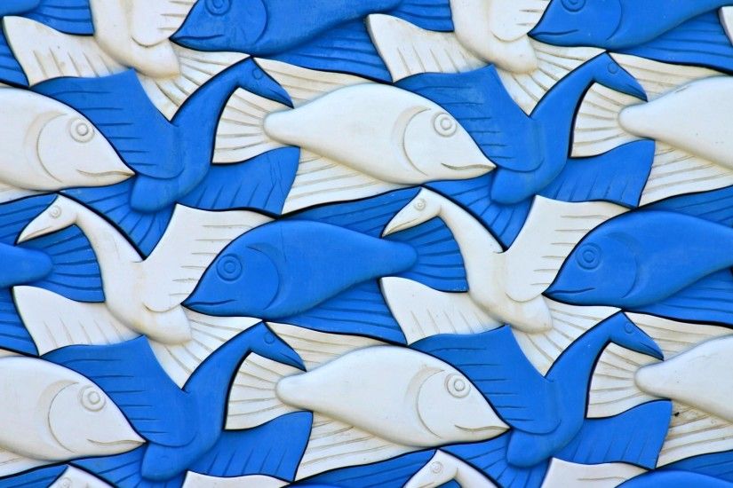 M. C. Escher, Plastic, Artwork, Animals, 3D, Birds, Fish, White, Blue  Wallpapers HD / Desktop and Mobile Backgrounds