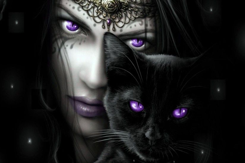 Wallpapers Blue Eyed Fantasy Woman Purple With Her Black Cat Hd 1920x1080 |  #129824 #