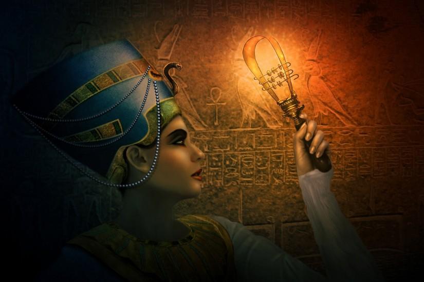 Egypt Pyramid Nefertiti Queen Sistrum Art Torch FullHD Wallpaper
