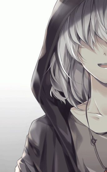 Anime Boy, White Hair, Hoodie, Smiling, Necklace, Gray Eyes