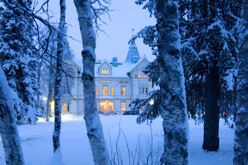 Man Made - Slott Sweden Fjallnas castle Snow Tree Winter Bakgrund