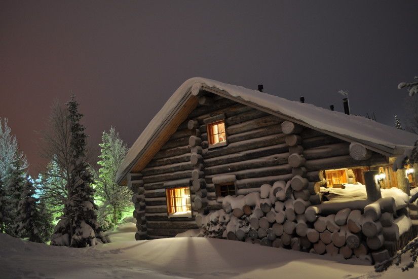 Wallpaper winter, snow drifts, log cabin, wood, night eating, winter .