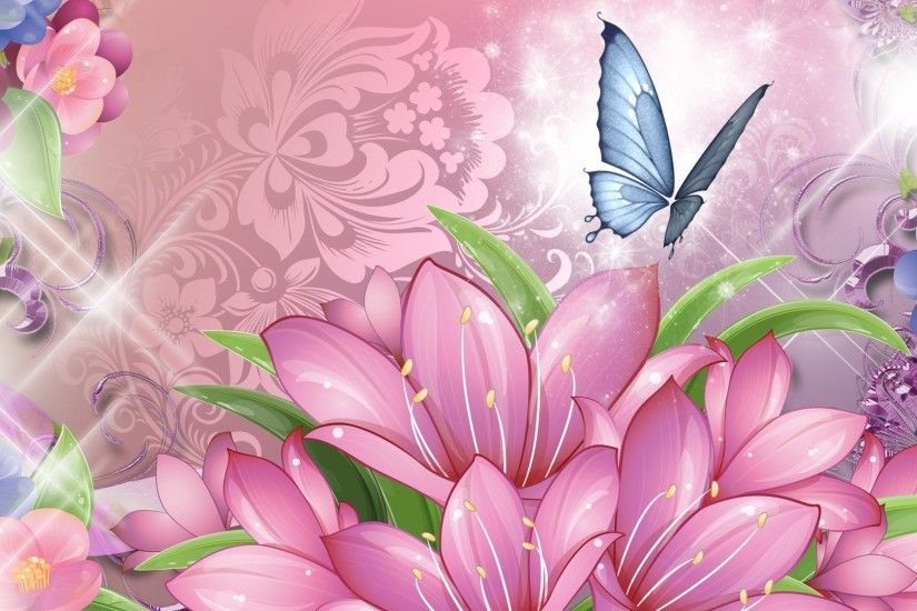 1920x1080 Blue Butterfly and Pink Flowers Wallpaper HD
