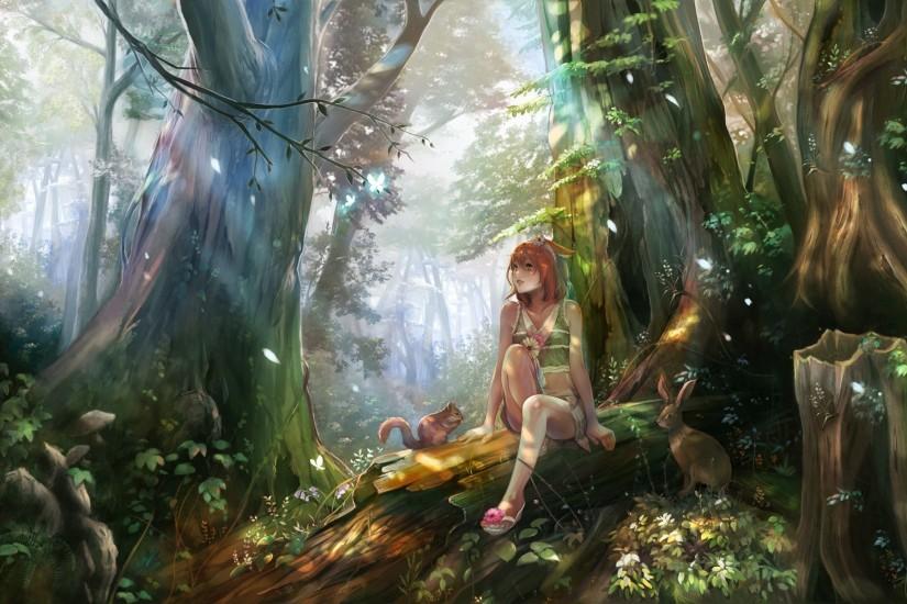 Anime Boy Forest | nature forest animals squirrels rabbits anime anime  girls art fantasy .