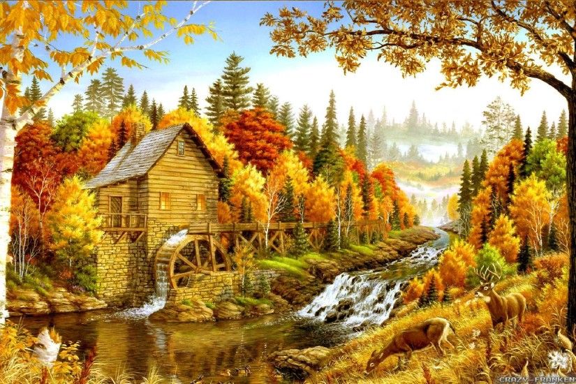 Wallpaper: Countryside watermill autumn landscape wallpapers. Resolution:  1024x768 | 1280x1024 | 1600x1200. Widescreen Res: 1440x900 | 1680x1050 |  1920x1200