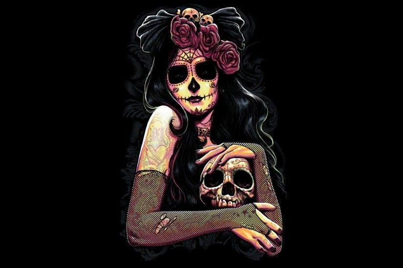 Artistic - Sugar Skull Fantasy Woman Day of the Dead Gothic Skeleton Rose  Wallpaper
