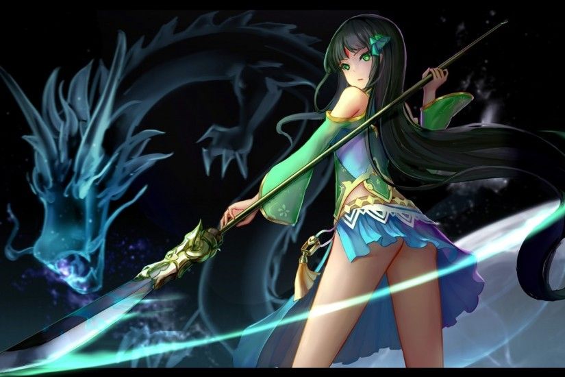 Anime Girl, Spear, Long Hair, Dragon