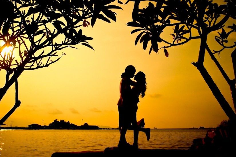 mood girl guy love men a woman hug tree tree leaves silhouette sunset nature  sea love