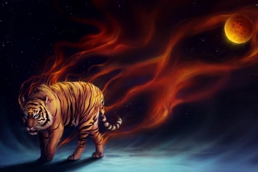 Flaming tiger walking into the darkness wallpaper