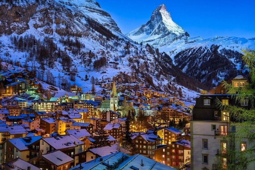 nature, Landscape, Evening, Lights, House, Town, Church, Switzerland,  Matterhorn, Snow, Winter, Mountain, Trees, Valley, Rock, Rooftops, Zermatt  Wallpapers ...