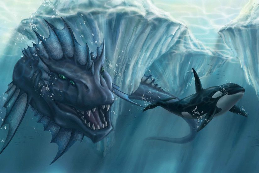 Aquatic creature chasing an orca wallpaper