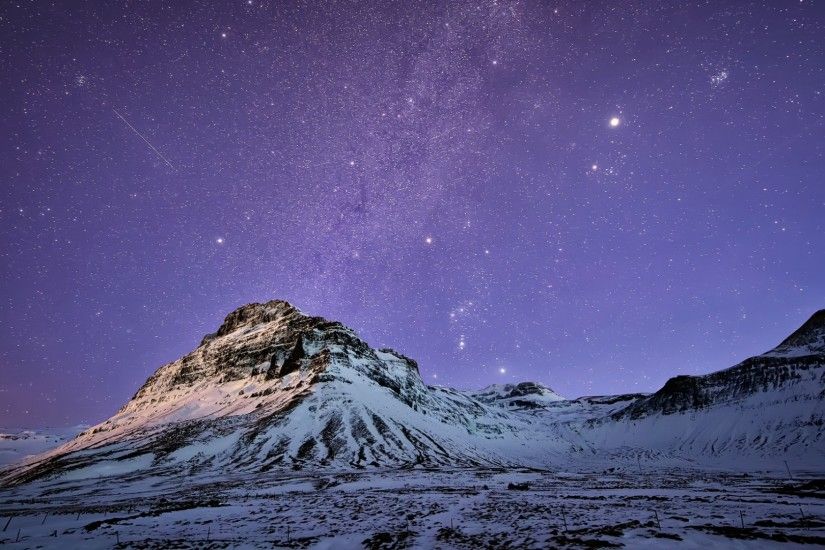 Preview wallpaper iceland, mountains, snow, night, lilac, sky, stars,