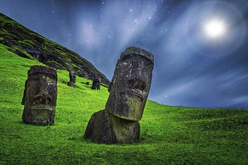 enigma, Nature, Landscape, Moai, Sculpture, Starry Night, Grass, Moonlight,  Easter Island, Rapa Nui, Chile, Statue, Stone, Long Exposure Wallpapers HD  ...