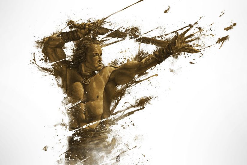 General 3840x2160 Conan the Barbarian digital art vector fantasy art  shirtless sword Arnold Schwarzenegger white background