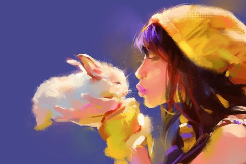 girl rabbit kiss tender