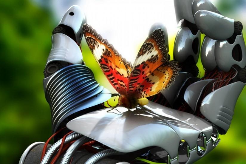 Preview wallpaper robot, hand, butterfly, technology, green, steel,  highlights 1920x1080