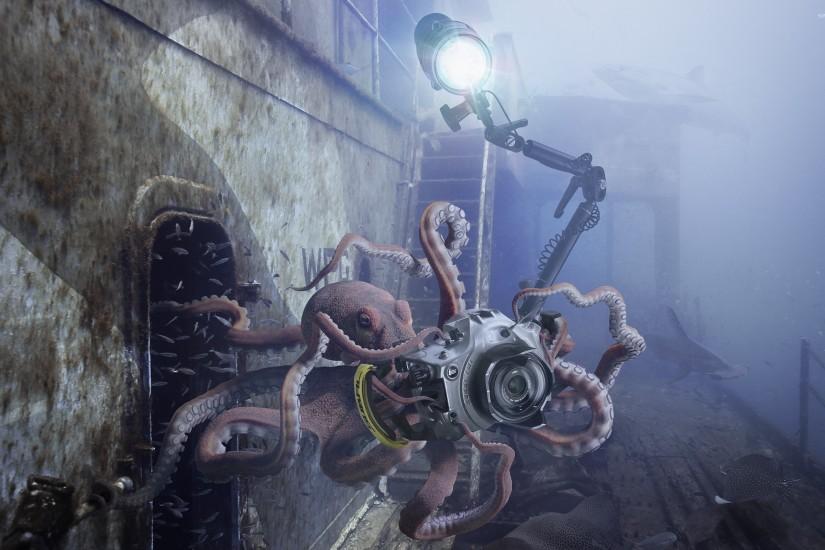Octopus taking underwater photos wallpaper 2560x1600 jpg