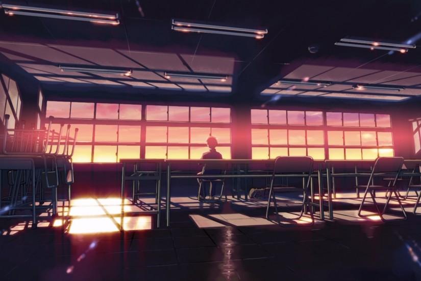 Anime Makoto Shinkai 5 Centimeters Per Second classrooms desks sunlight  sunset