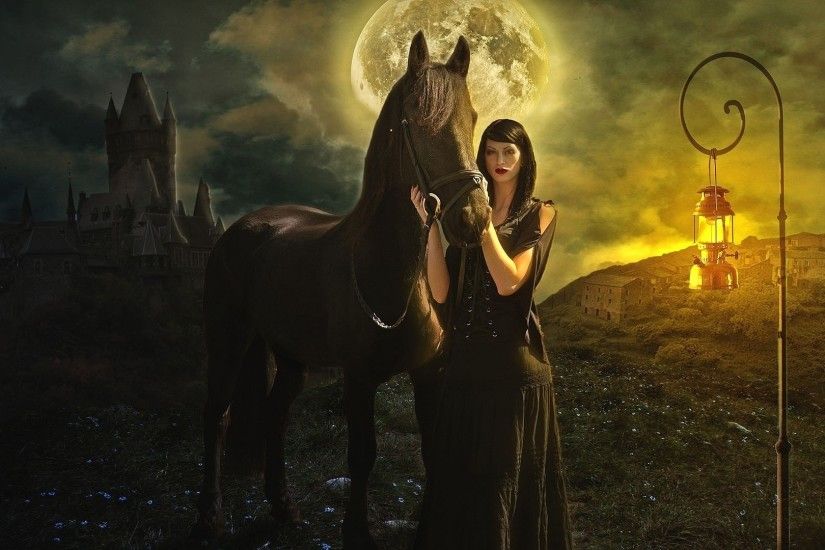 Lamp, Castle, Houses, fantasy, moon, brunette, Horse
